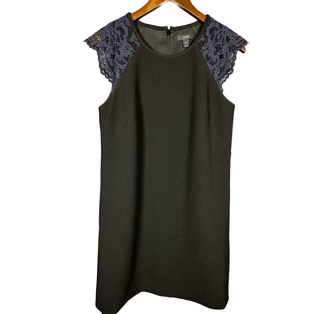 J. Crew Edged Blue Lace Cap Sleeve Black Shift Dress 8 LBD Cocktail Party Chic‎